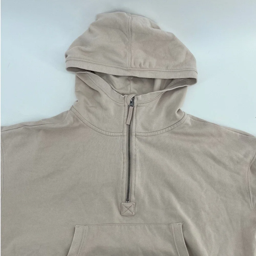 JoyLab French Terry 1/2 Zip Hooded Pullover Sweatshirt Beige Kangaroo Pocket - Picture 5 of 7